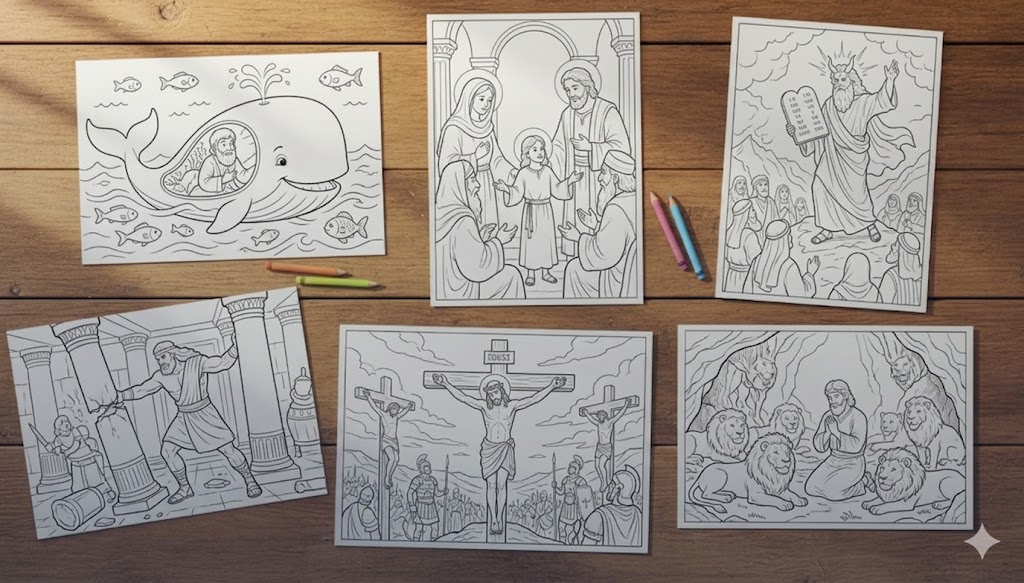 24 desenhos bíblicos prontos para imprimir espalhados numa mesa