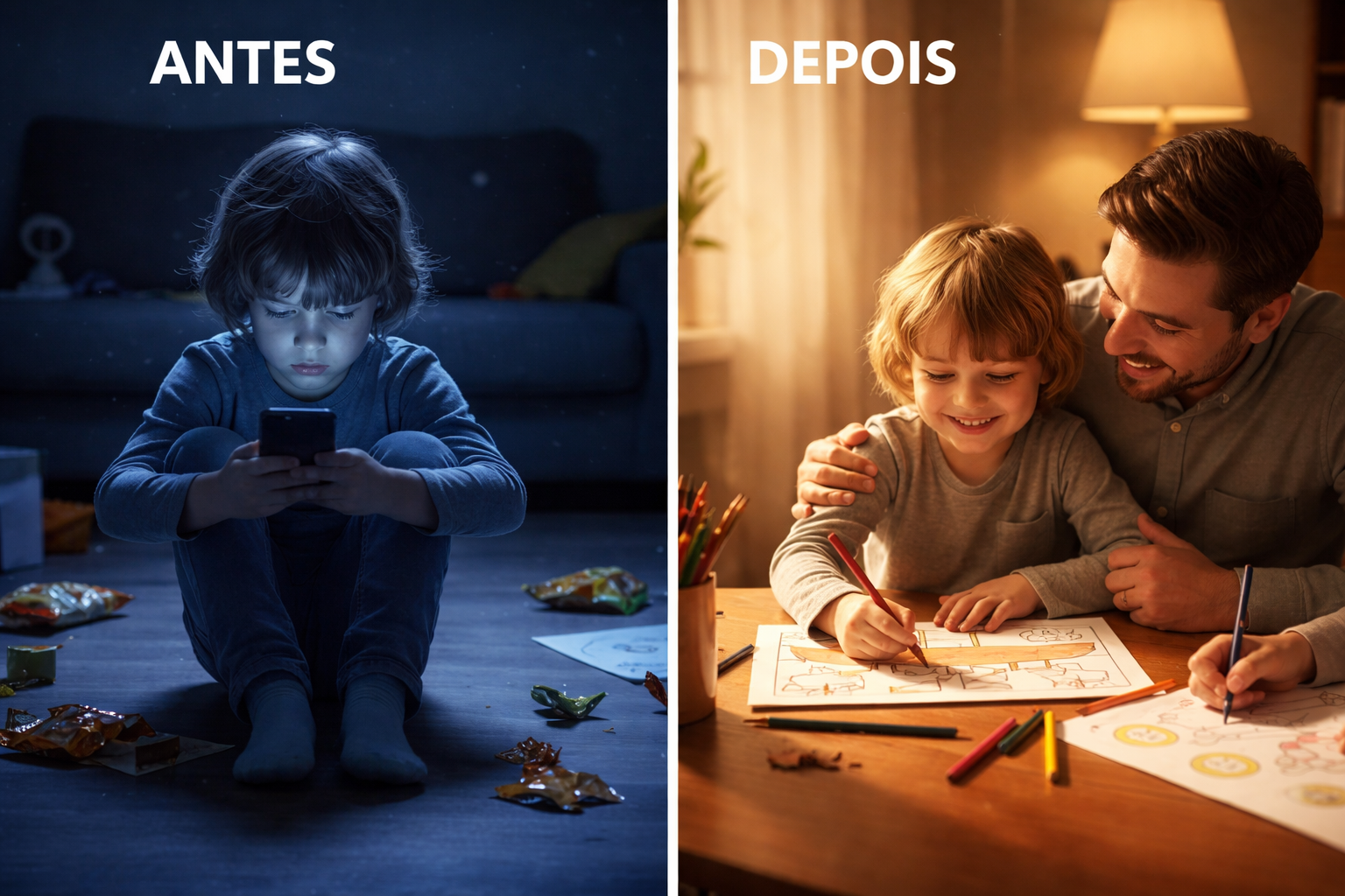 Antes: criança no celular. Depois: pai e filho colorindo juntos