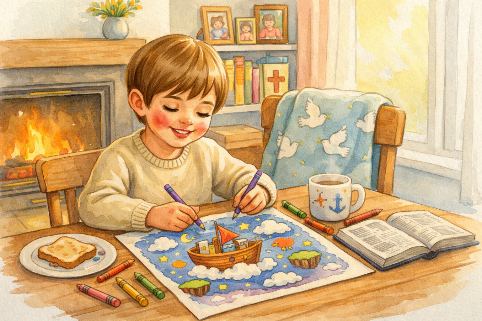 Criança colorindo desenho bíblico com alegria